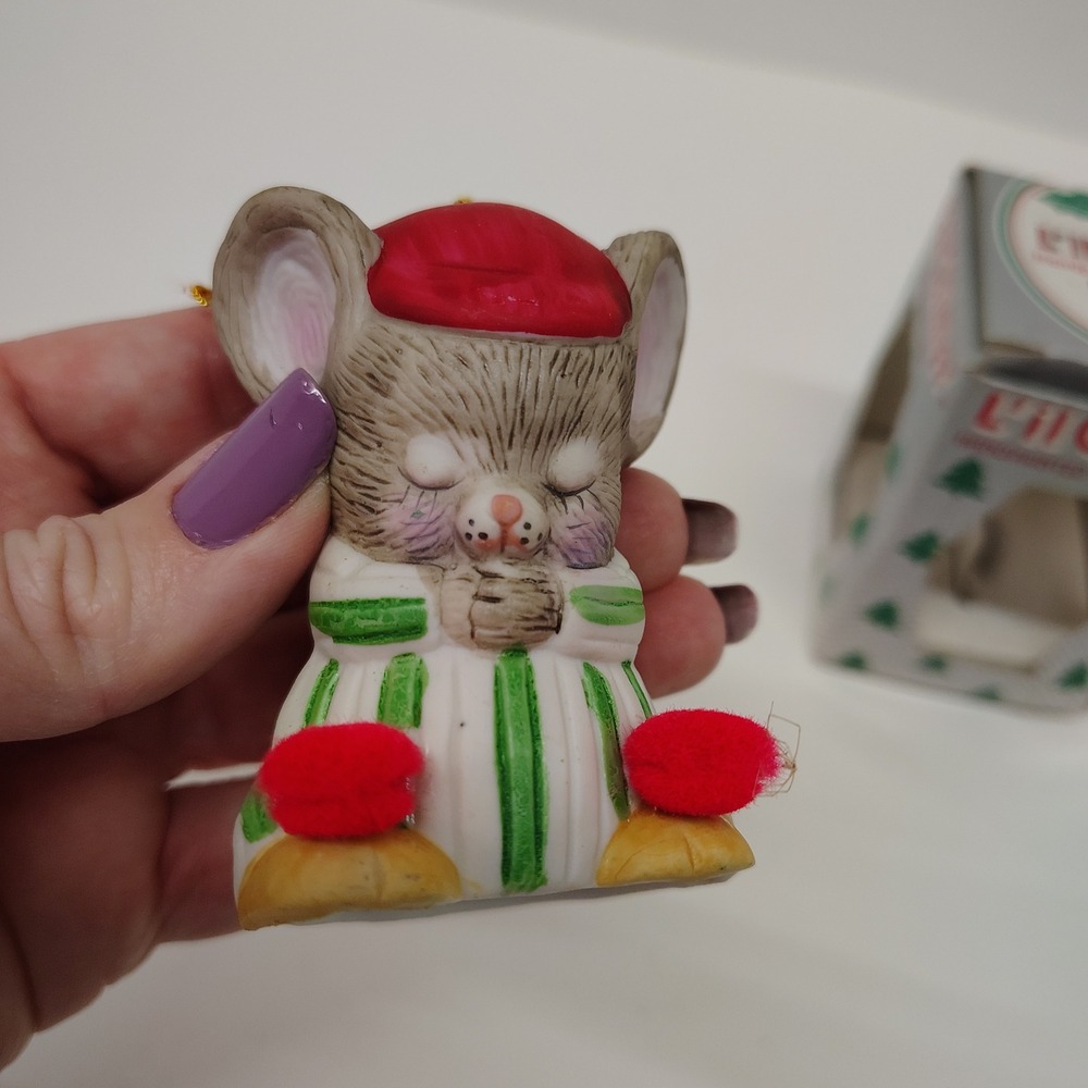 Jasco Lil Chimer Mouse Bell‎ Ornament Handpainted Bisque Porcelain Christmas Vtg